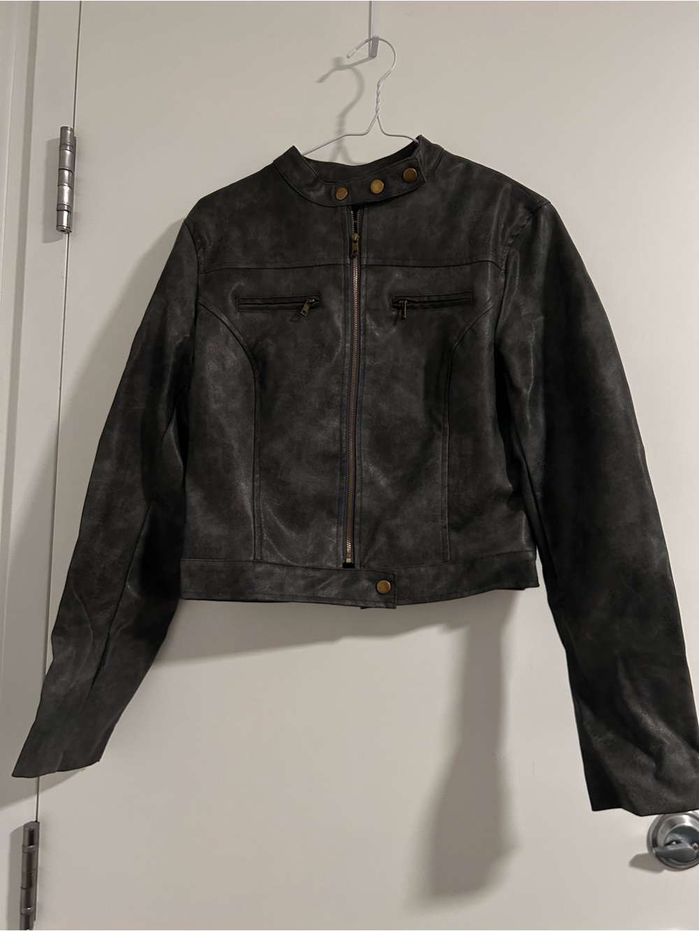 Womens Dark Gray Faux Leather Moto Jacket